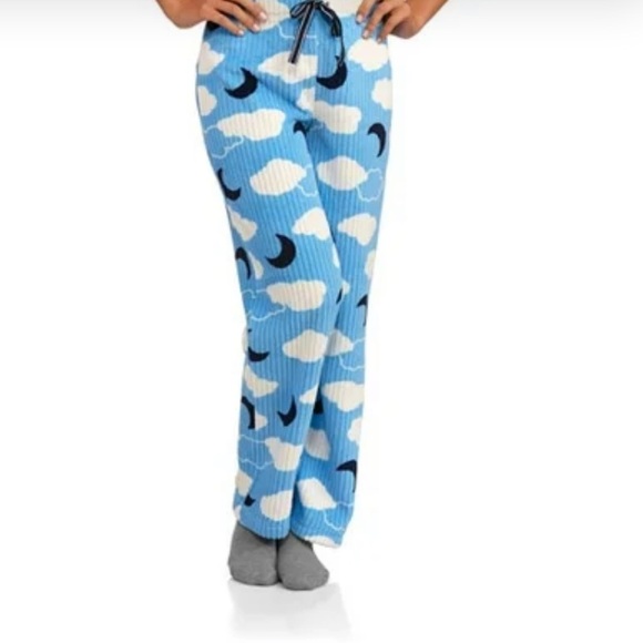 Blue Pajama Pants with Cloud and Moon Print - Picture 1 of 4
